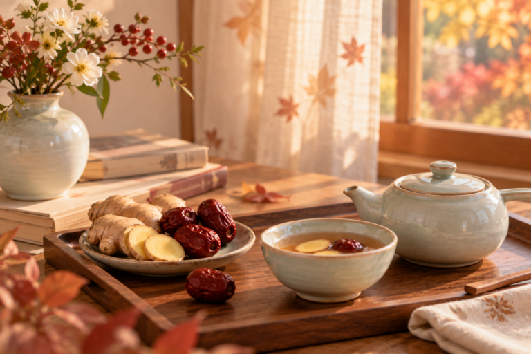 Ginger and jujube tea with fresh ginger and dried jujubes in an autumn setting